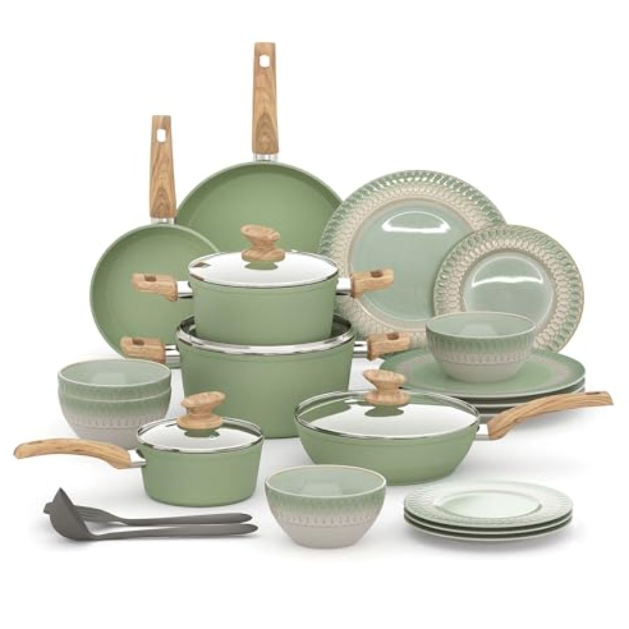 Kitchen Academy 12Pcs Granite Cookware Set + 12 Pcs Stoneware Dinnerware Sets