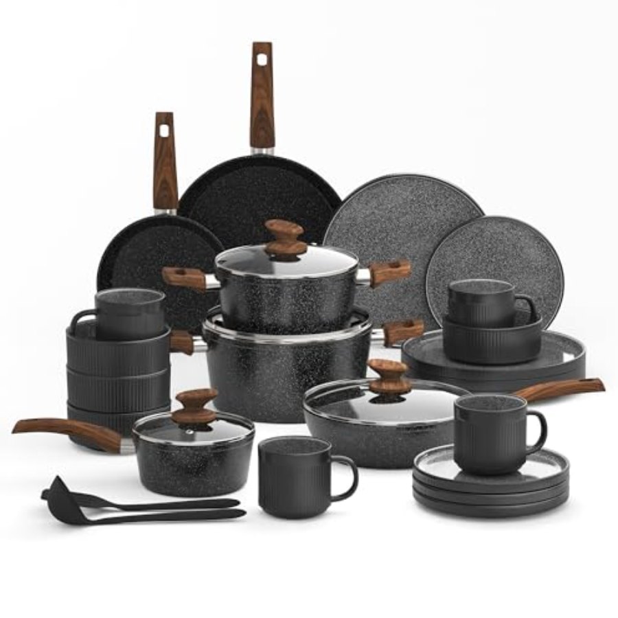 Kitchen Academy 12Pcs Granite Cookware Set + 16 Pcs Stoneware Dinnerware Sets