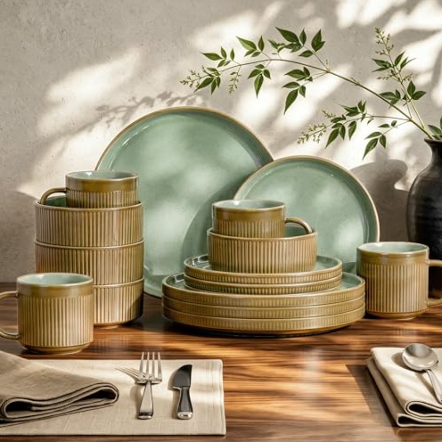 Kitchen Academy 16Pcs Fluted Stoneware Dinnerware Sets for 4