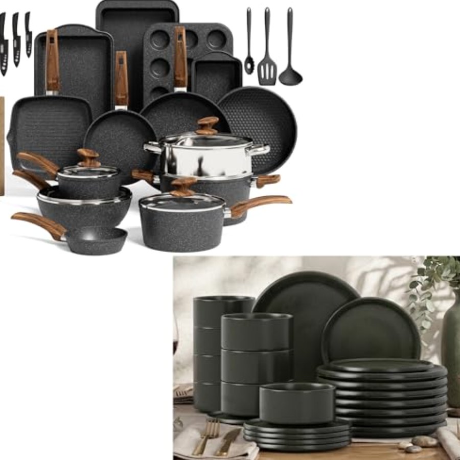 Kitchen Academy 30Pcs Bakeware & Cookware Set + 24 Pcs Stoneware Dinnerware
