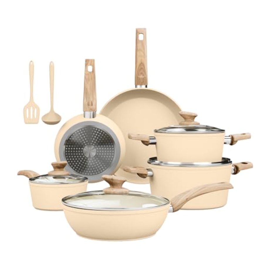 Kitchen Academy Beige Pots and Pans Set Non Stick
